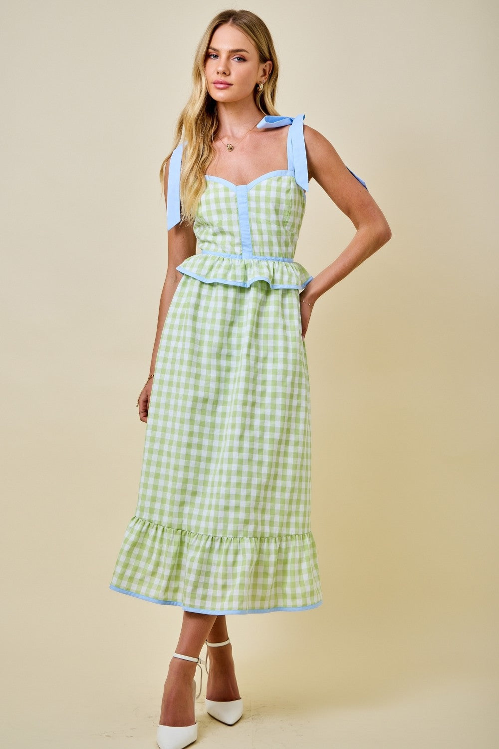 Cleo Dress in Honeydew/Blue Gingham - Women's Sweetheart Corset Midi Dress with Ruffle Details by Day + Moon
