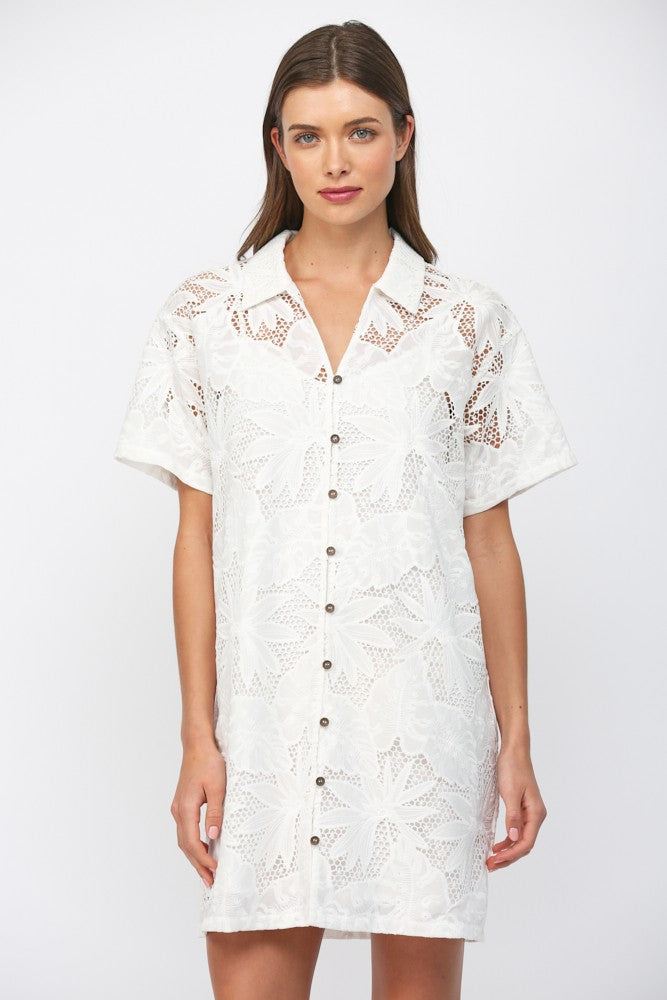 Ivy Dress - Off White Tropical Eyelet Shirt Dress by Fate by LFD