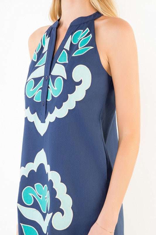 Vivienne Dress in Navy - Turquoise Embroidered Medallion Detail by THML