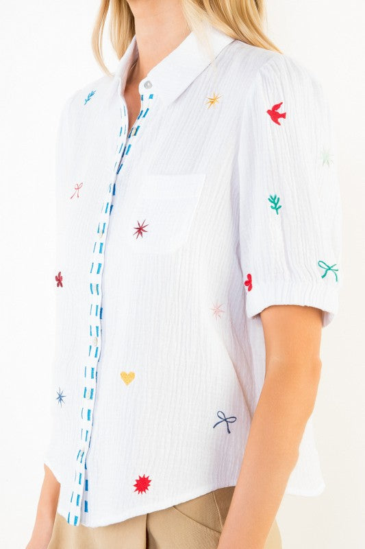 Cecily Top in White - Colorful Embroidery and Blue Striped Placket Detail by THML