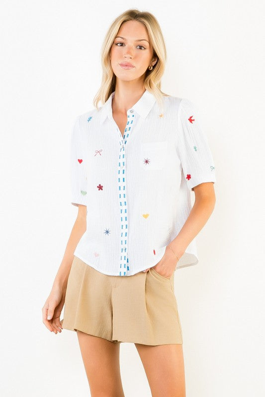 Cecily Top in White - Boxy Short Sleeve Button-Up Back View by THML