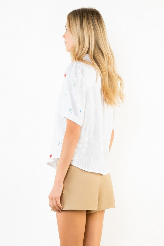 Cecily Top in White - Embroidered Button-Up Short Sleeve Top by THML