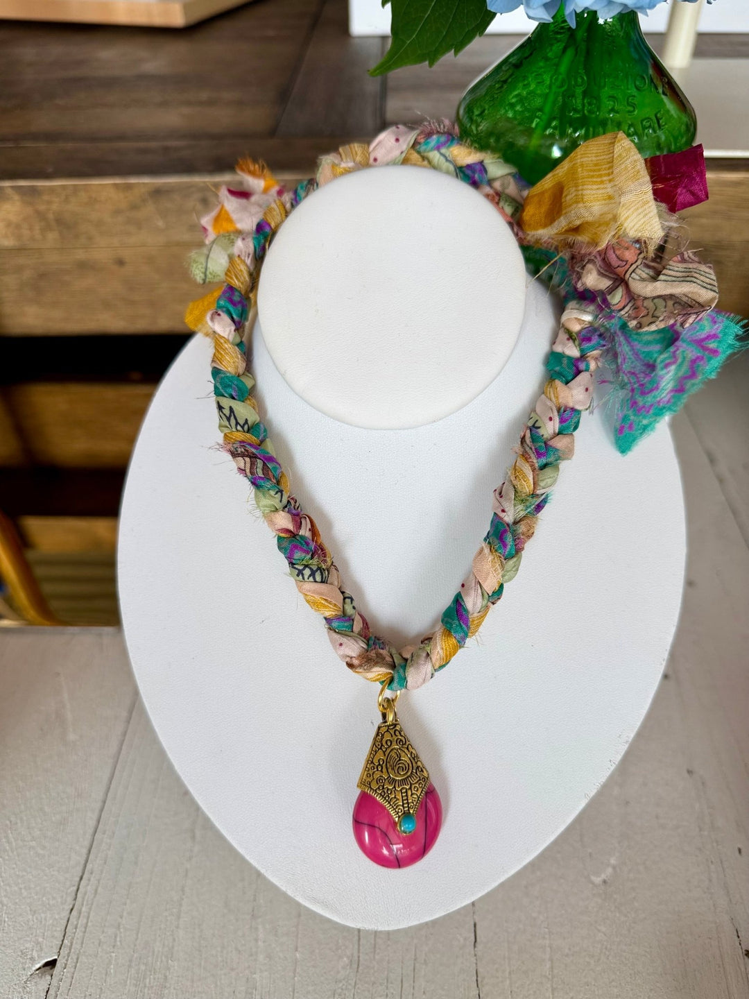Leave A MarkBraided Scarf Necklace with Pink Stone - Polish Boutique