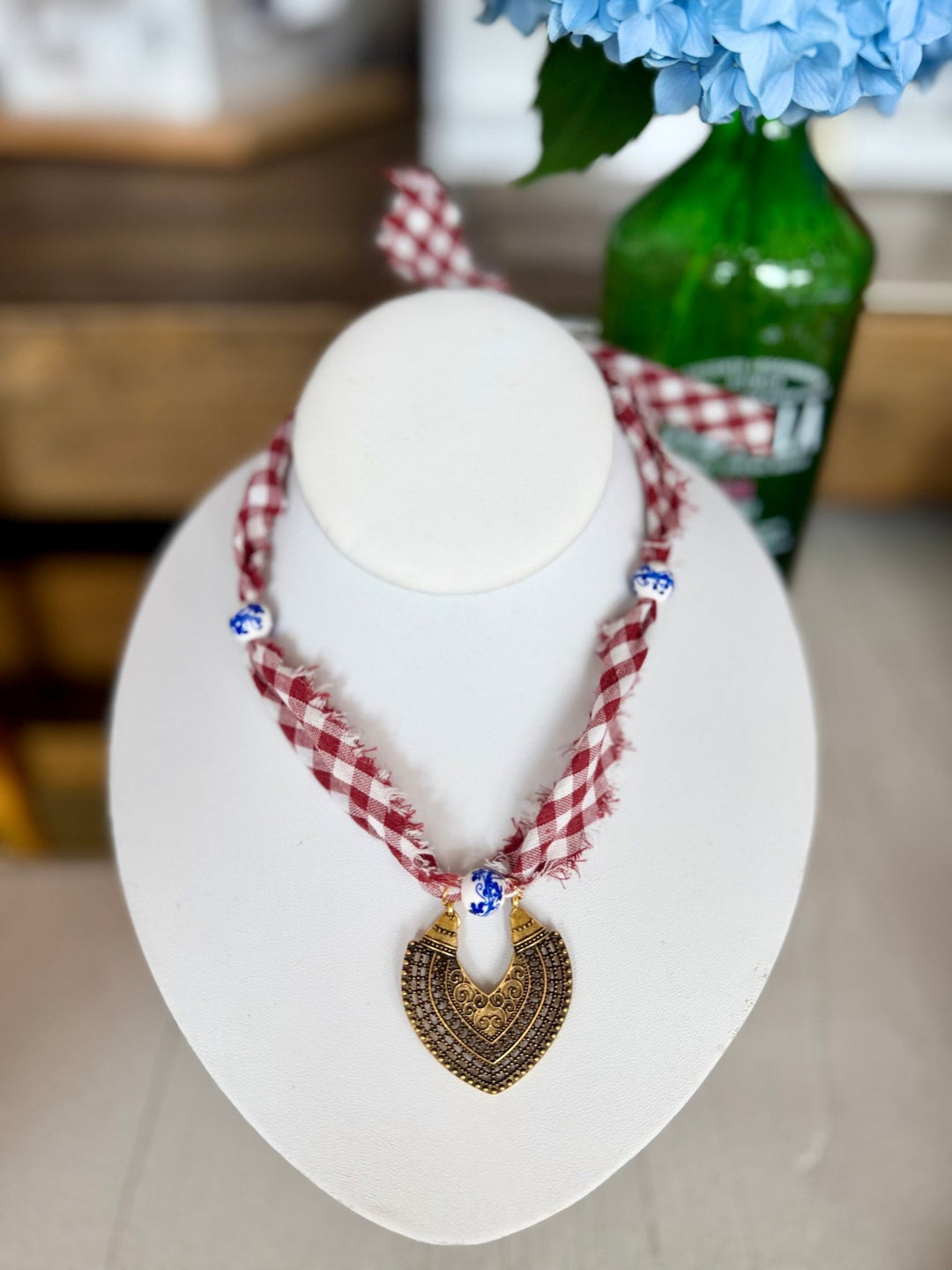 Leave A MarkGingham Scarf Necklace with Antique Pendant - Polish Boutique