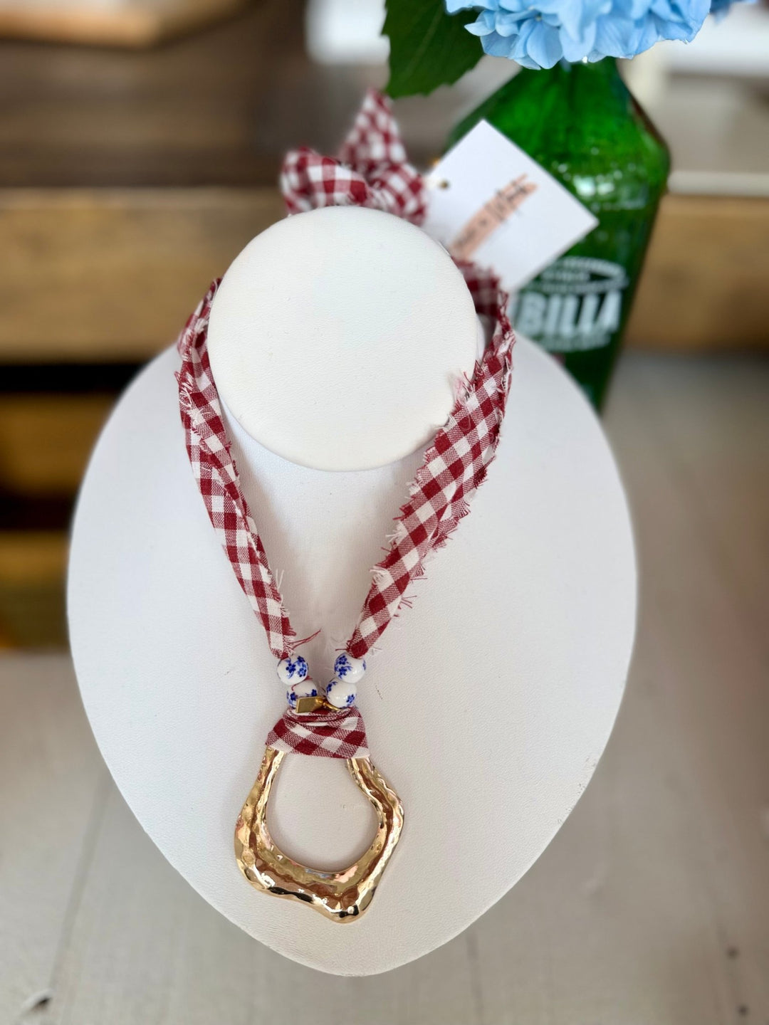Leave A MarkGingham Scarf Necklace with Pendant - Polish Boutique
