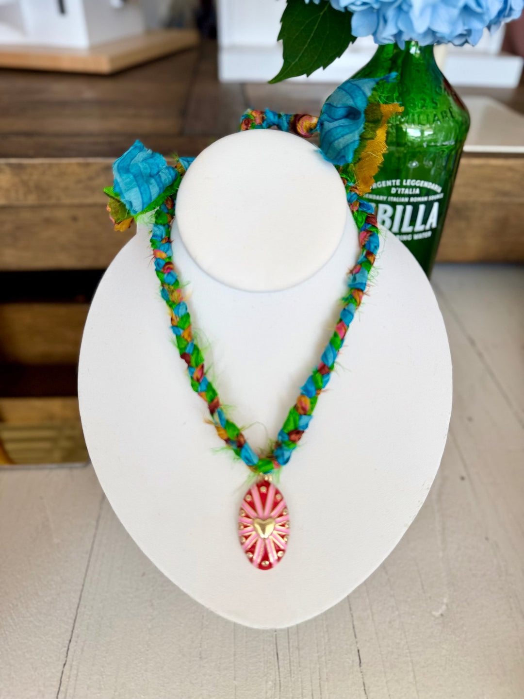 Leave A MarkGreen & Blue Silk Necklace with Heart Charm - Polish Boutique
