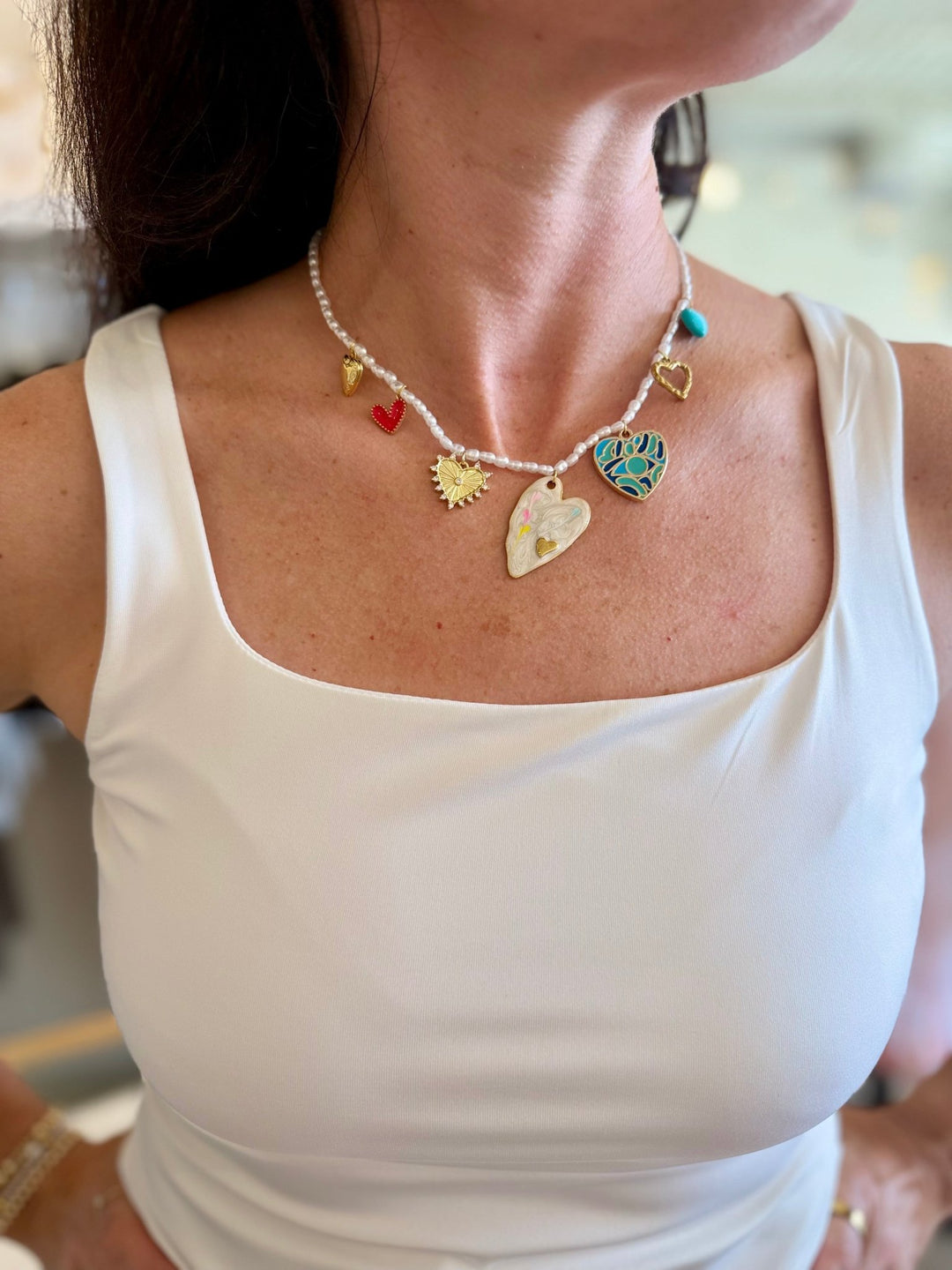 Leave A MarkPearl Necklace with Heart Charms - Polish Boutique