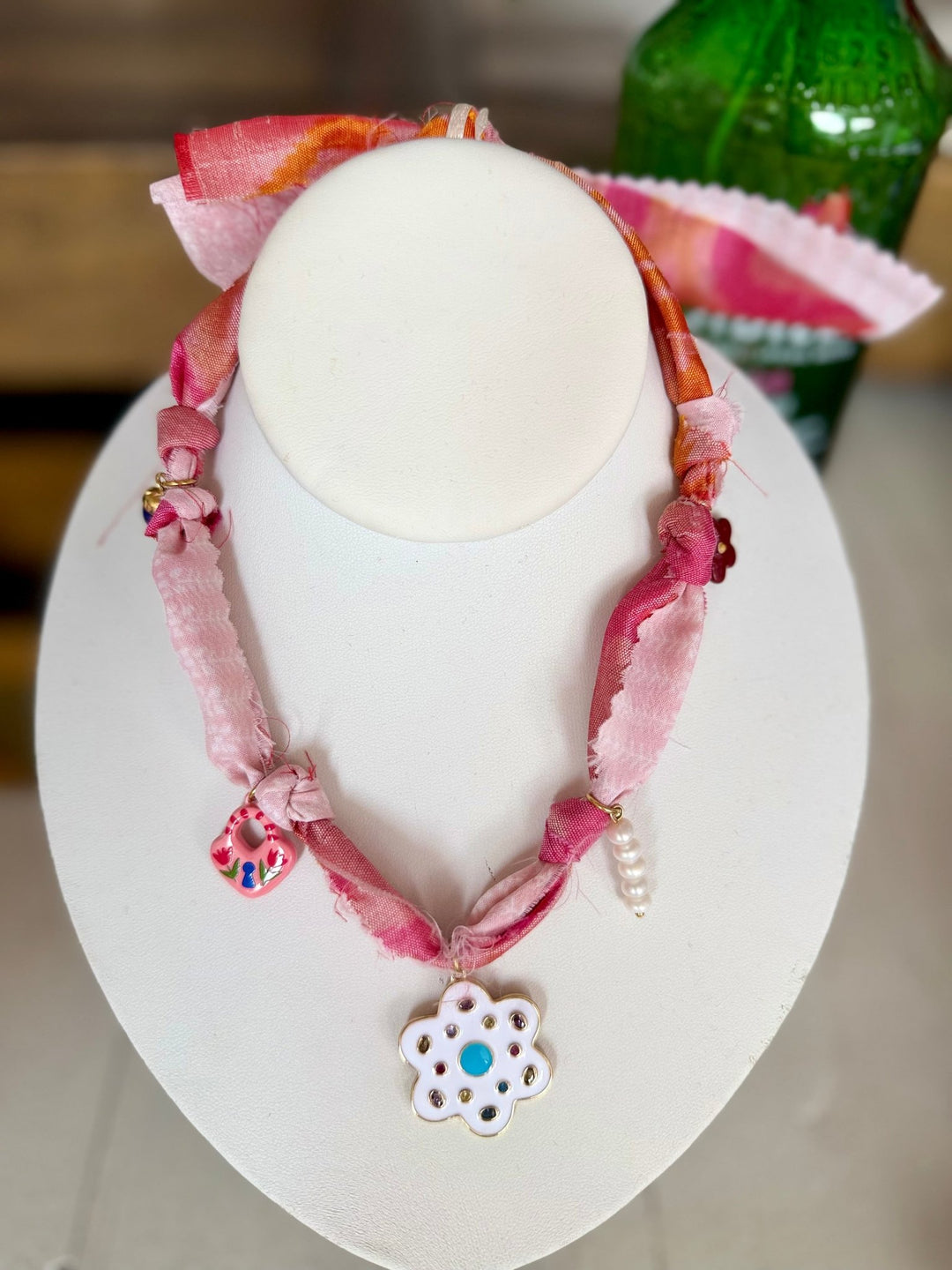 Leave A MarkPink & Orange Silk Necklace with 5 Charms - Polish Boutique