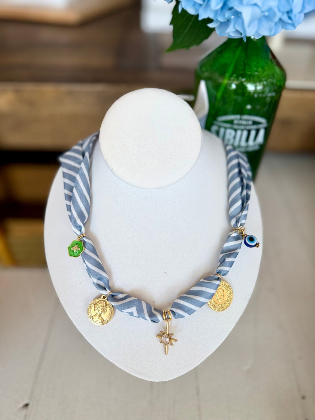 Leave A MarkScarf necklace with Star, Coin, Bee and Eye charms - Polish Boutique